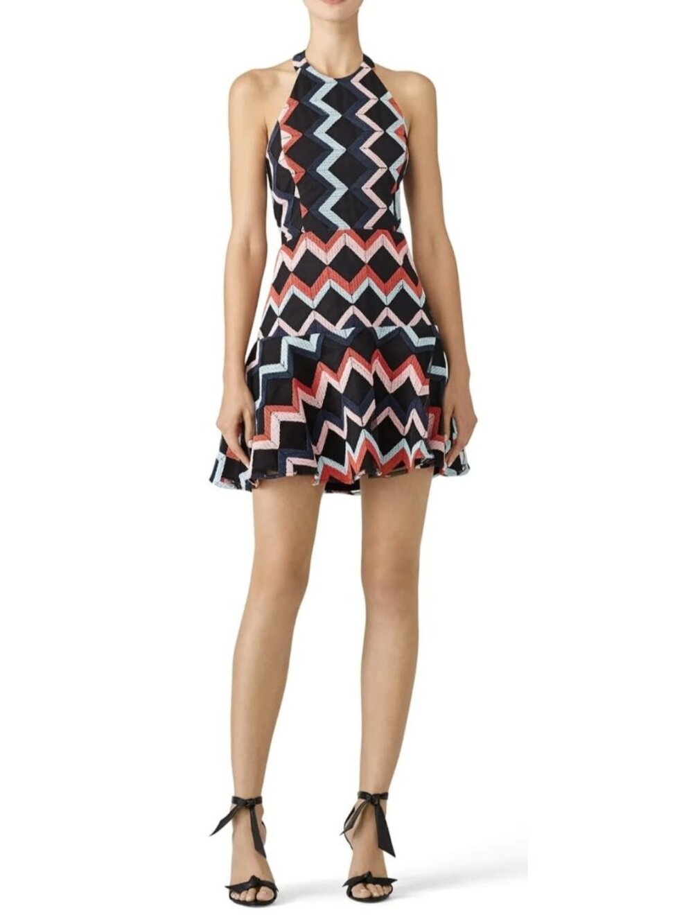 Parker Leona Mini Halter Dress Sz 4 Black Multicolor Embroidered Zigzag Party